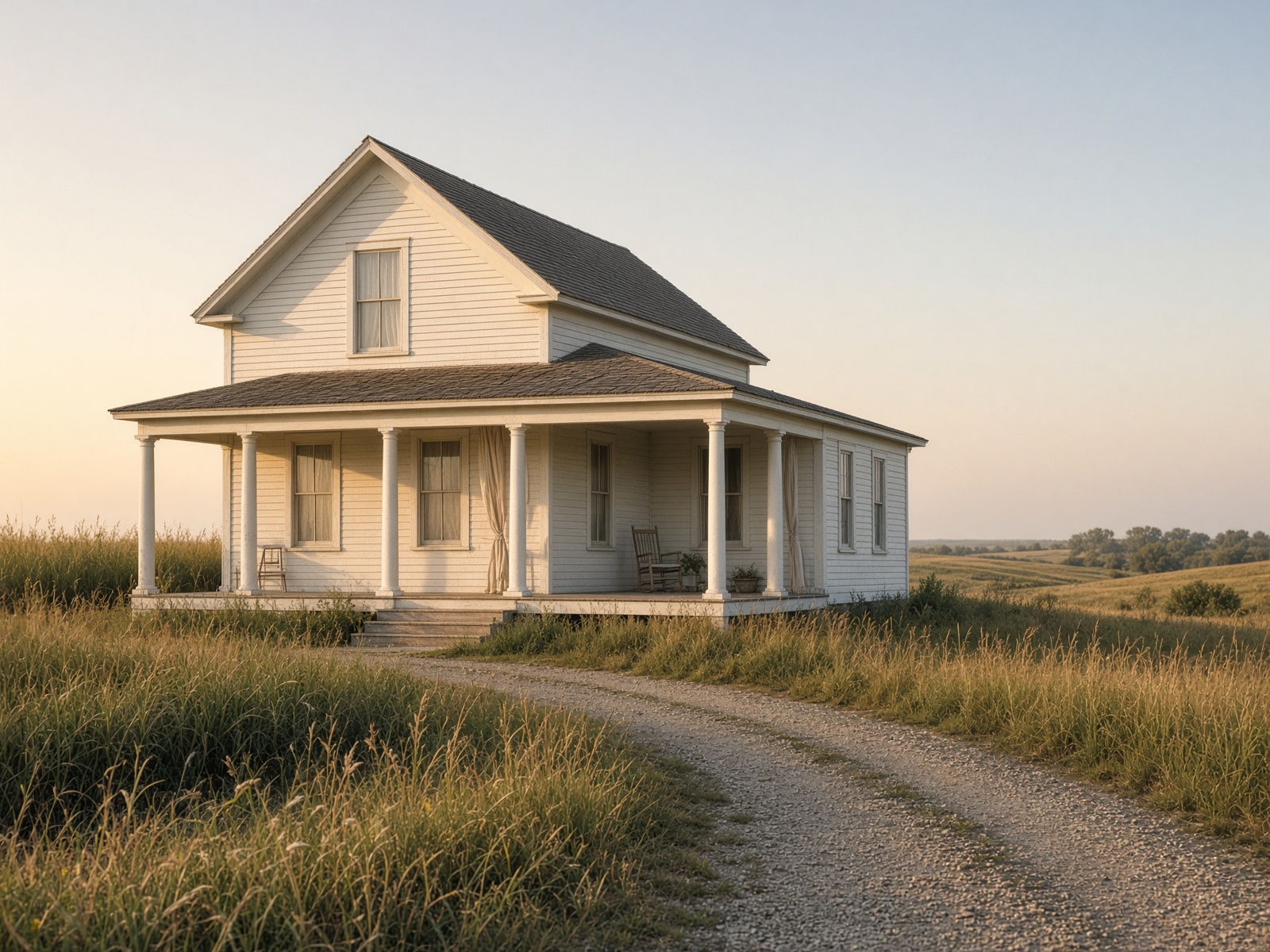 White clapboard farmhouse on a prairie hill